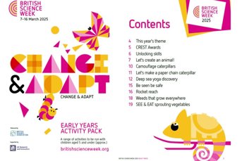 Cover and content of the Early Years activity pack. The content list reads: This year's theme, CREST Awards, Unlocking skills, Let's create an animal, Camouflage caterpillars, Let's make a paper chain caterpillar, Dea sea yoga discovery, Be seen be safe, Rocket reach, Weeds that grow everywhere, See & eat sprouting vegetables