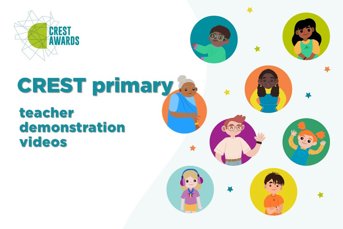 A poster that shows CREST demonstration video title with eight CREST primary resource characters' headshots on the side