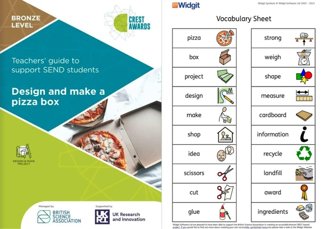 Vocabulary sheet with icons and names for pizza, box, project, design, make, shop, idea, scissors, cut, glue, strong, weigh, shape, measure, cardboard, information, recycle, landfill, award, and ingredients.